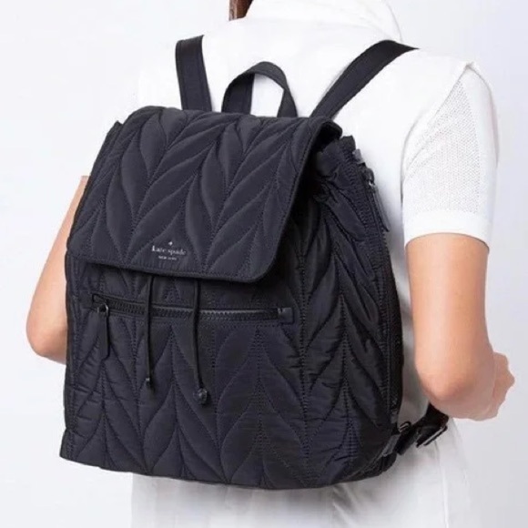 Kate Spade Black Ellie Large Flap Quilted Nylon Backpack Bag - Picture 1 of 6